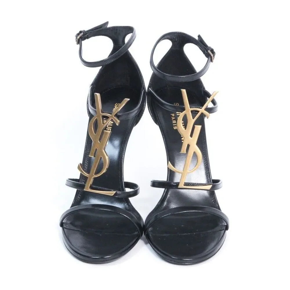 Saint Laurent Cassandra Sandals Black Leather Gold YSL Monogram Logo Heels 39